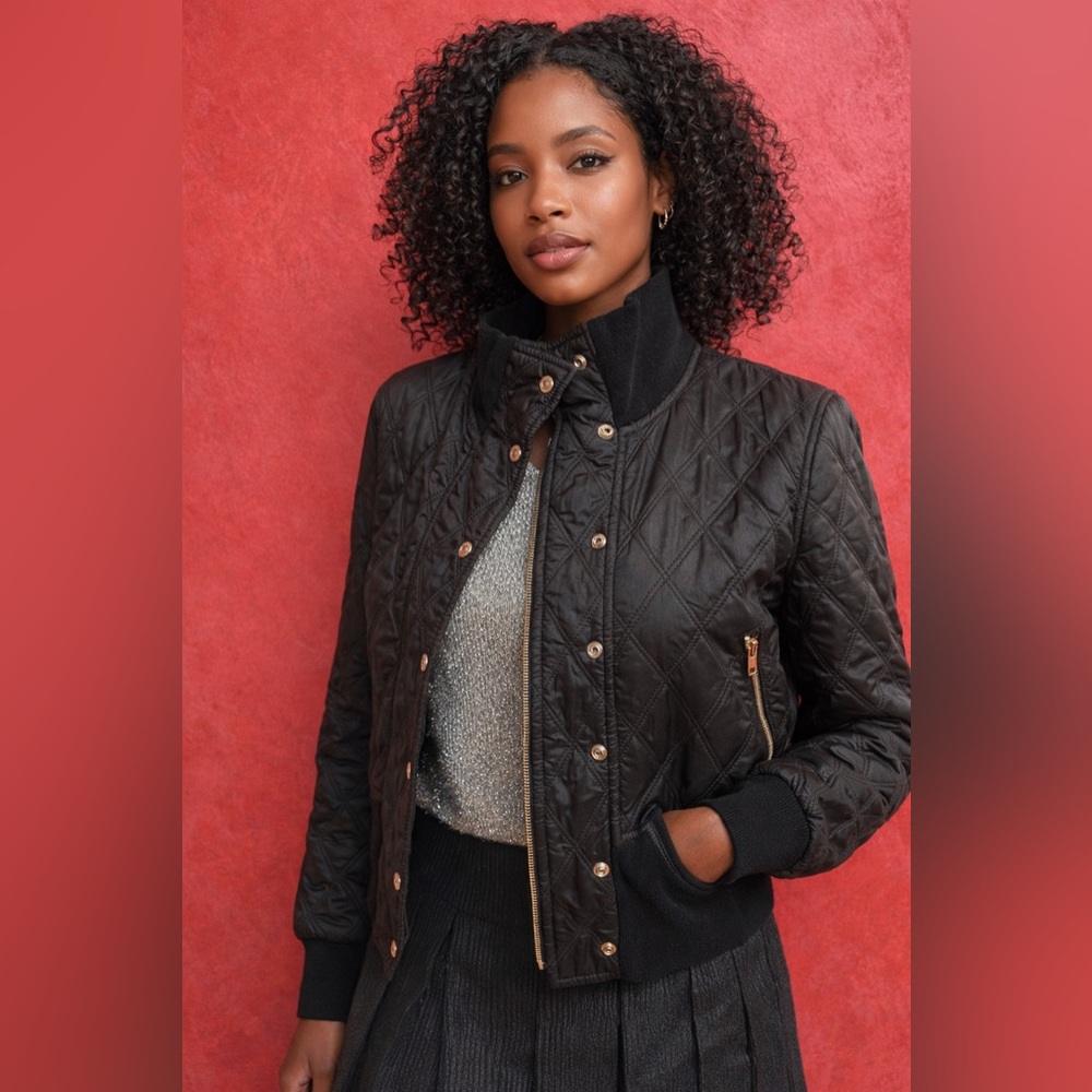 ABS Allen Schwartz Quilted Black Bomber Jacket With Shearling Lining